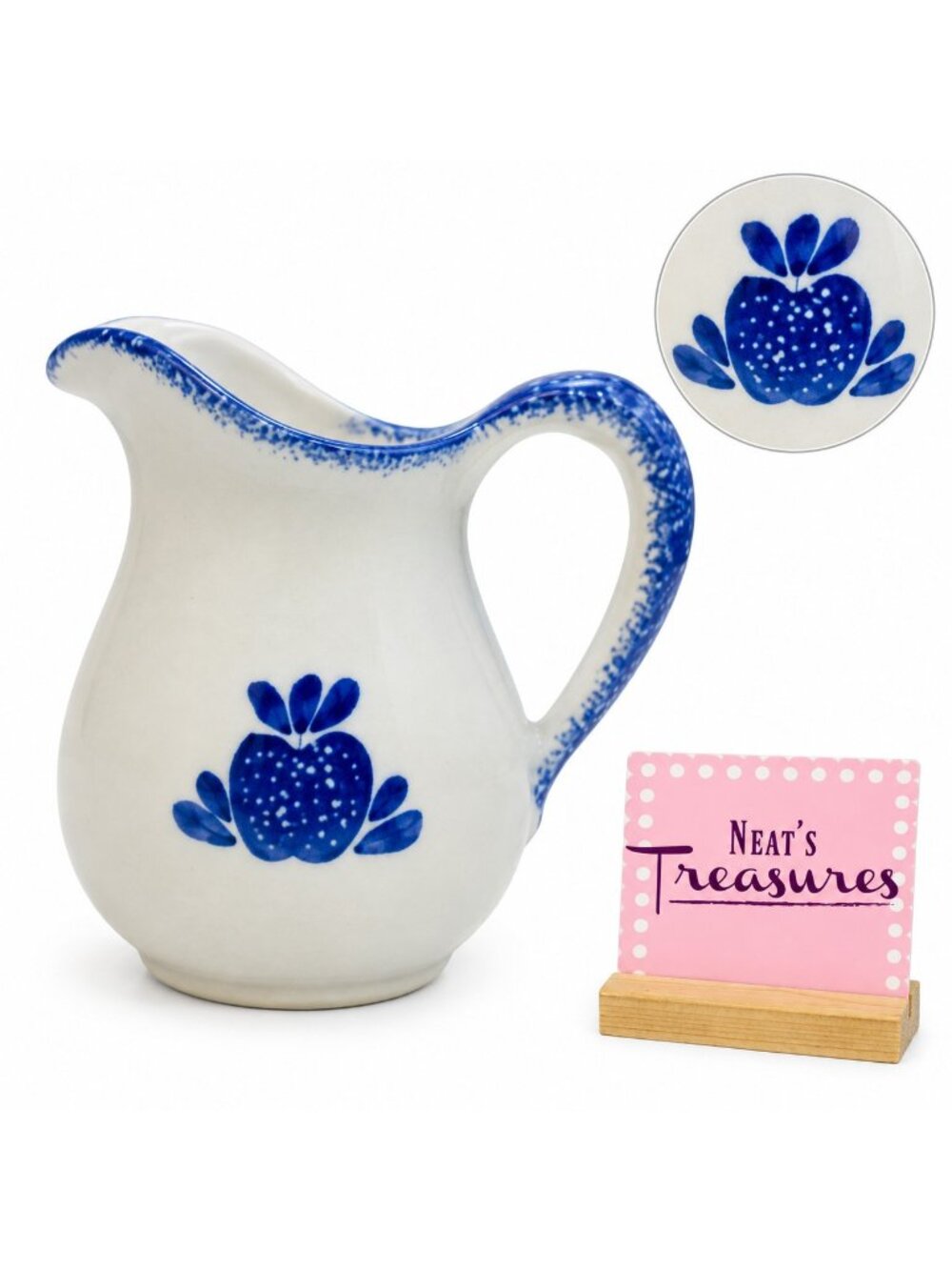 Gray Stoneware Sponge Blue Apple & Trim Crackle Glaze Pottery 5" Creamer Pitcher